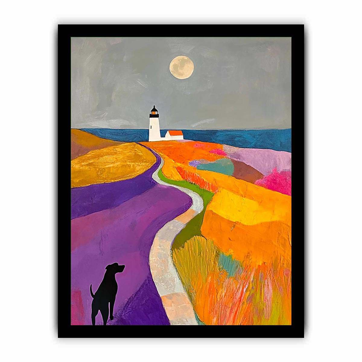 Colorful lighthouse landscape art with dog and moon for playful bedroom decor.