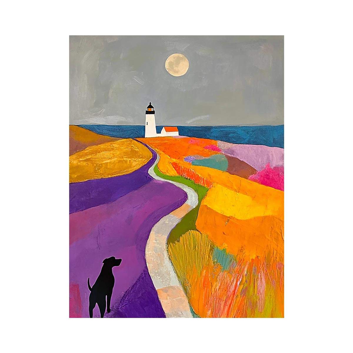 Colorful lighthouse landscape art with dog and moon for playful bedroom decor.