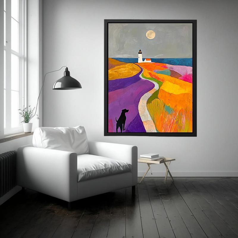 Colorful lighthouse landscape art with dog and moon for playful bedroom decor.