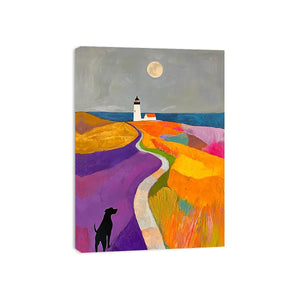 Colorful lighthouse landscape art with dog and moon for playful bedroom decor.