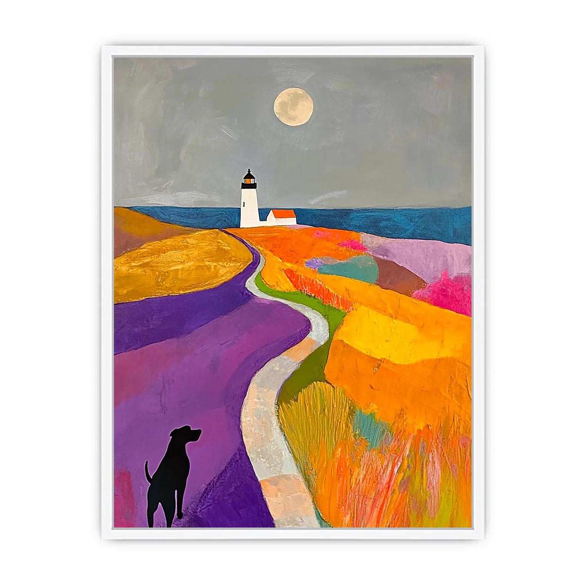 Colorful lighthouse landscape art with dog and moon for playful bedroom decor.