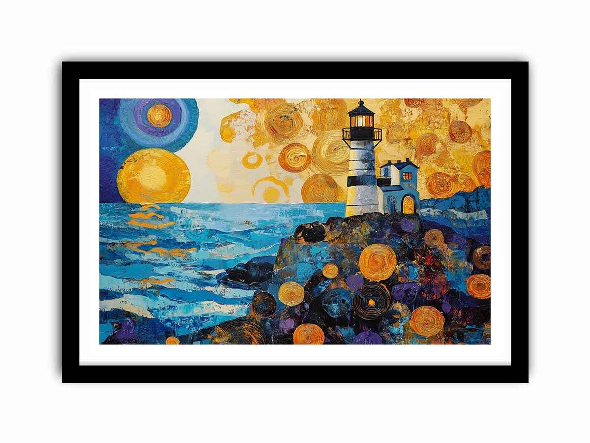 Coastal lighthouse canvas art with golden sunset and ocean waves for modern living room decor.