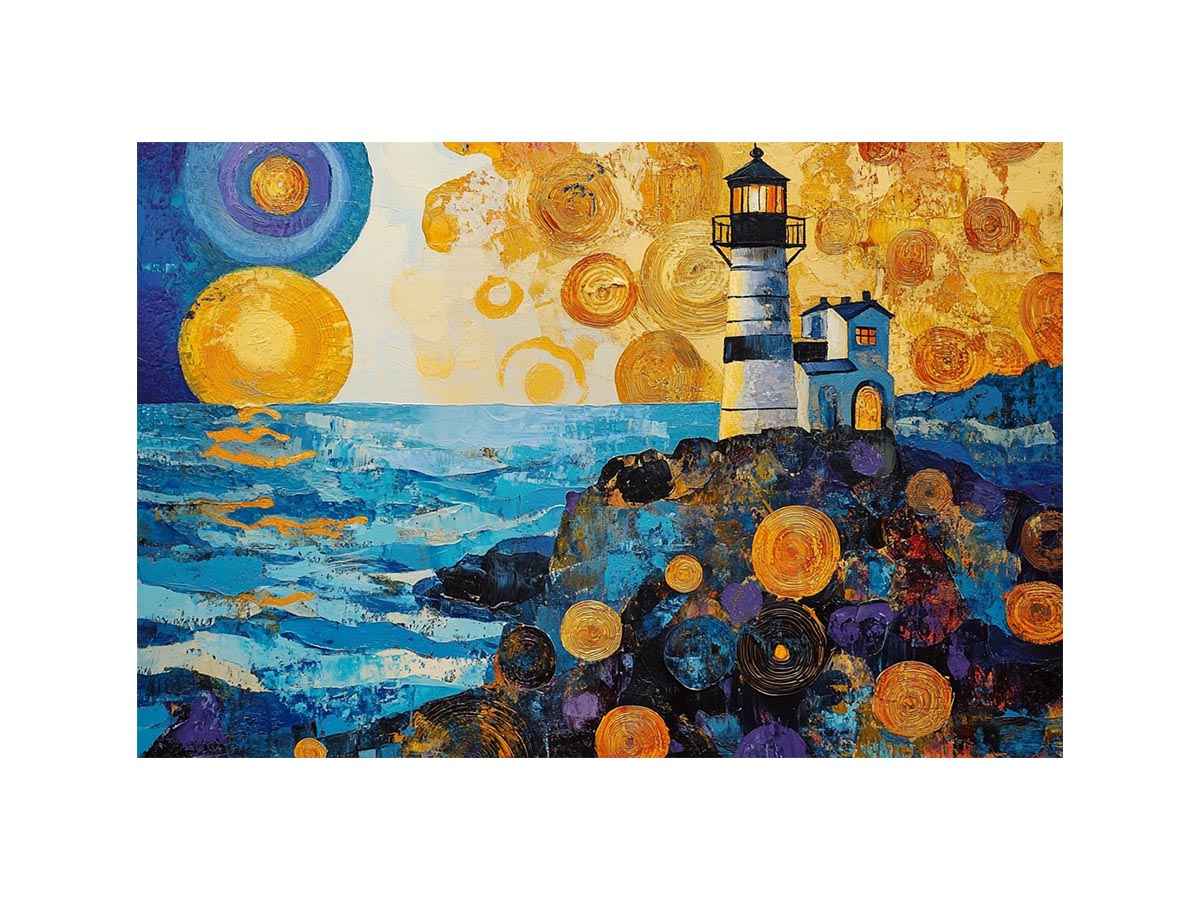 Coastal lighthouse canvas art with golden sunset and ocean waves for modern living room decor.