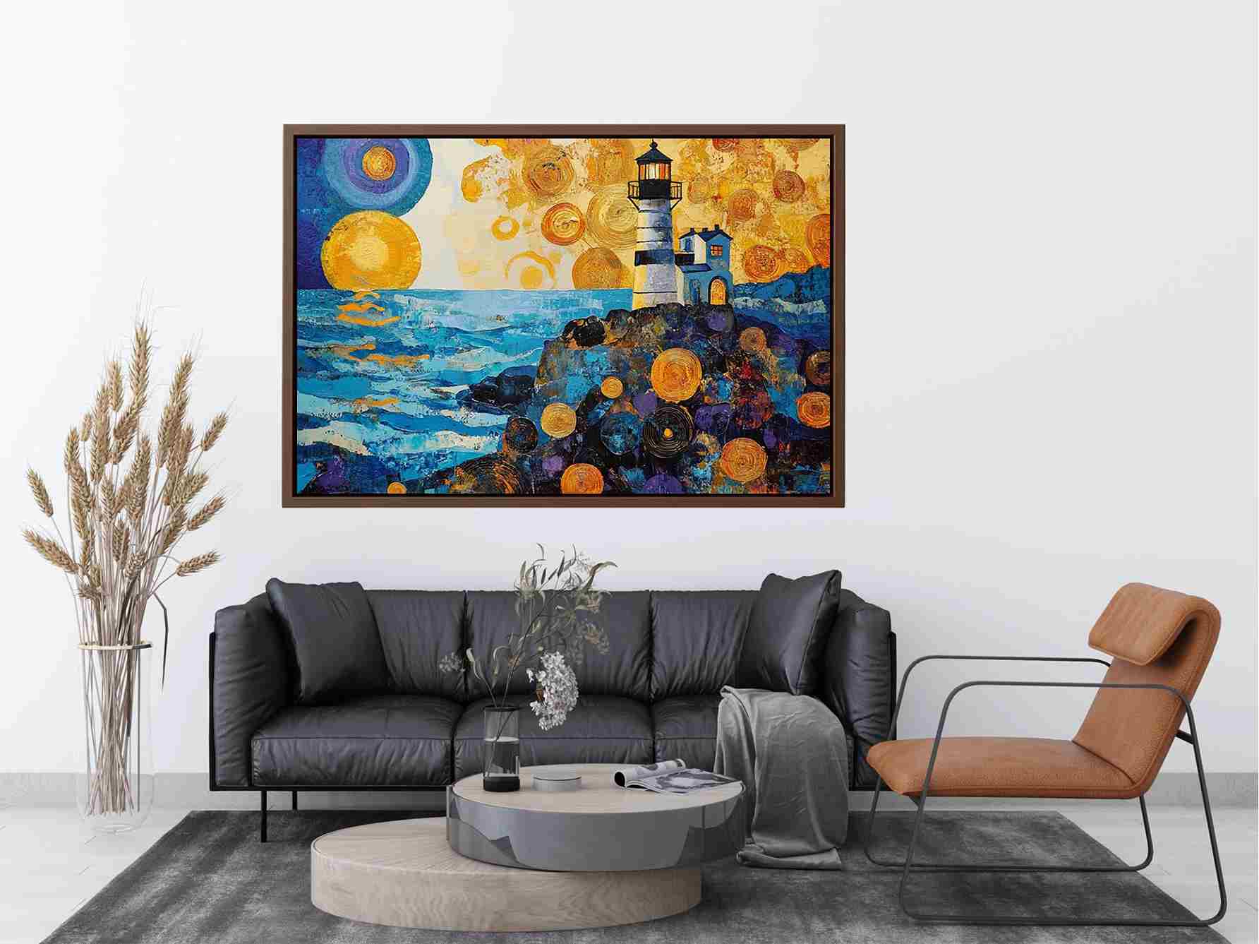 Coastal lighthouse canvas art with golden sunset and ocean waves for modern living room decor.