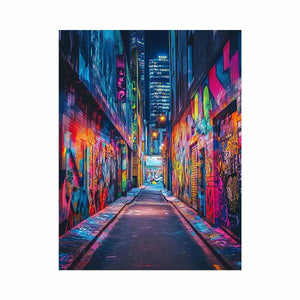 Neon graffiti alley wall art for modern loft office and urban decor.