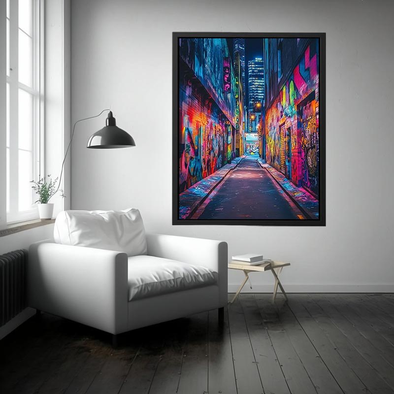 Neon graffiti alley wall art for modern loft office and urban decor.