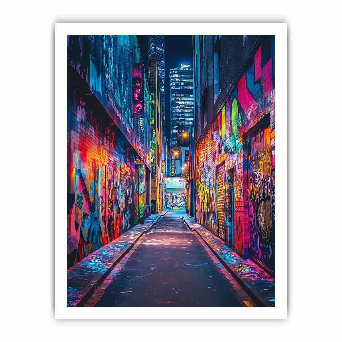 Neon graffiti alley wall art for modern loft office and urban decor.