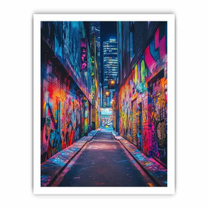 Neon graffiti alley wall art for modern loft office and urban decor.