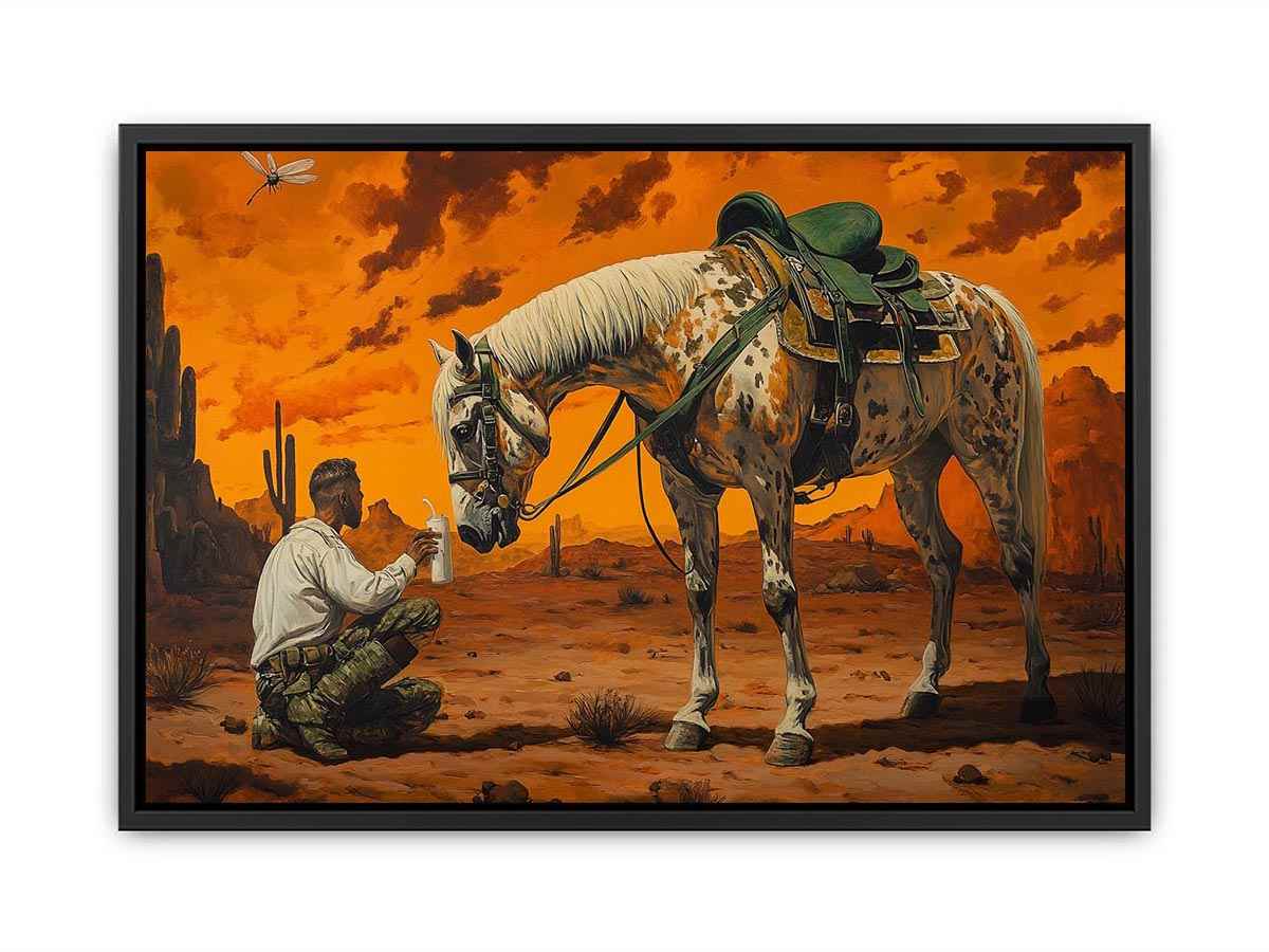 Western horse and cowboy canvas art with desert sunset for rustic office decor.