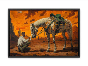 Western horse and cowboy canvas art with desert sunset for rustic office decor.