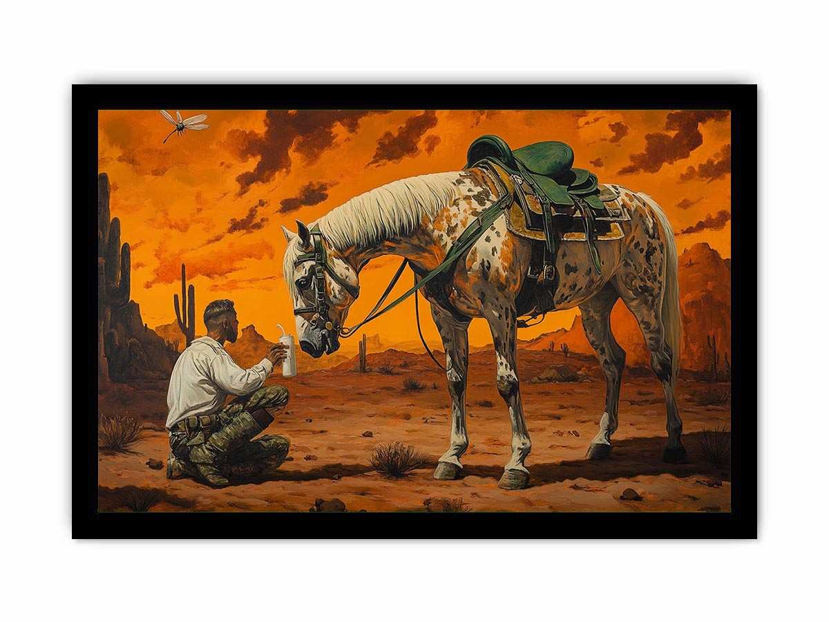 Western horse and cowboy canvas art with desert sunset for rustic office decor.