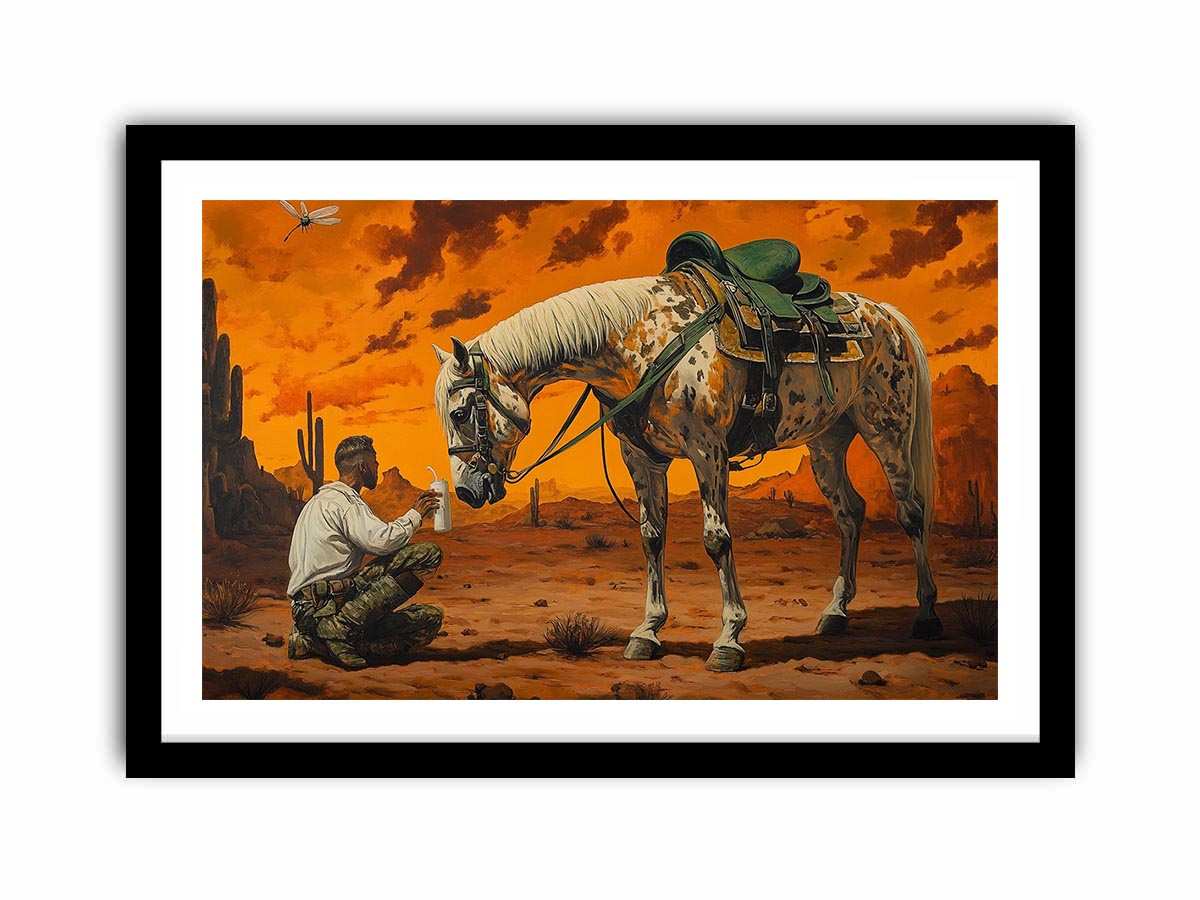 Western horse and cowboy canvas art with desert sunset for rustic office decor.