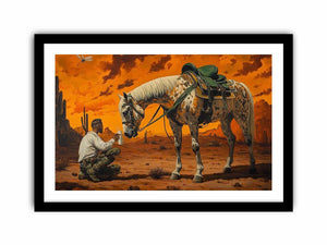 Western horse and cowboy canvas art with desert sunset for rustic office decor.