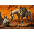 Western horse and cowboy canvas art with desert sunset for rustic office decor.