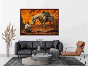 Western horse and cowboy canvas art with desert sunset for rustic office decor.