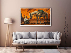 Western horse and cowboy canvas art with desert sunset for rustic office decor.