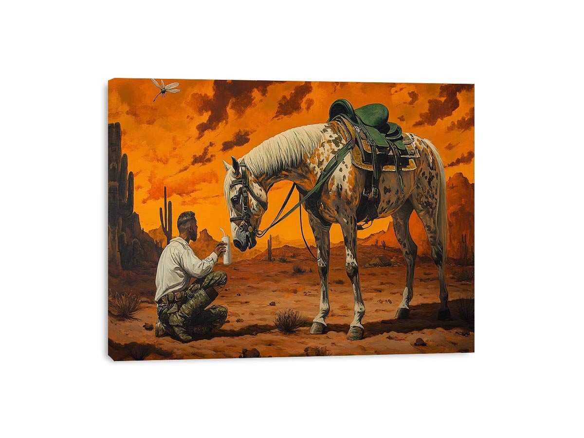 Western horse and cowboy canvas art with desert sunset for rustic office decor.