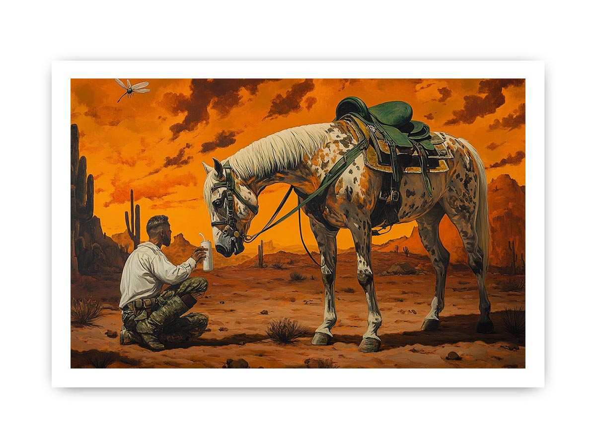 Western horse and cowboy canvas art with desert sunset for rustic office decor.