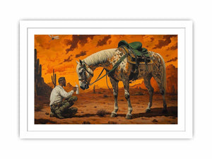 Western horse and cowboy canvas art with desert sunset for rustic office decor.