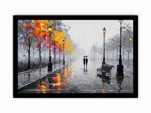 romantic rainy street couple painting autumn lights canvas wall art modern impressionist
