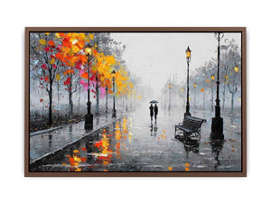 romantic rainy street couple painting autumn lights canvas wall art modern impressionist