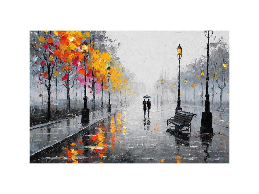 romantic rainy street couple painting autumn lights canvas wall art modern impressionist