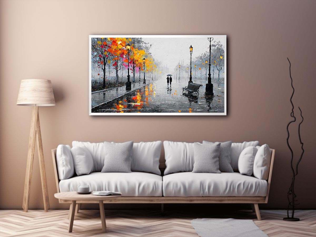 romantic rainy street couple painting autumn lights canvas wall art modern impressionist