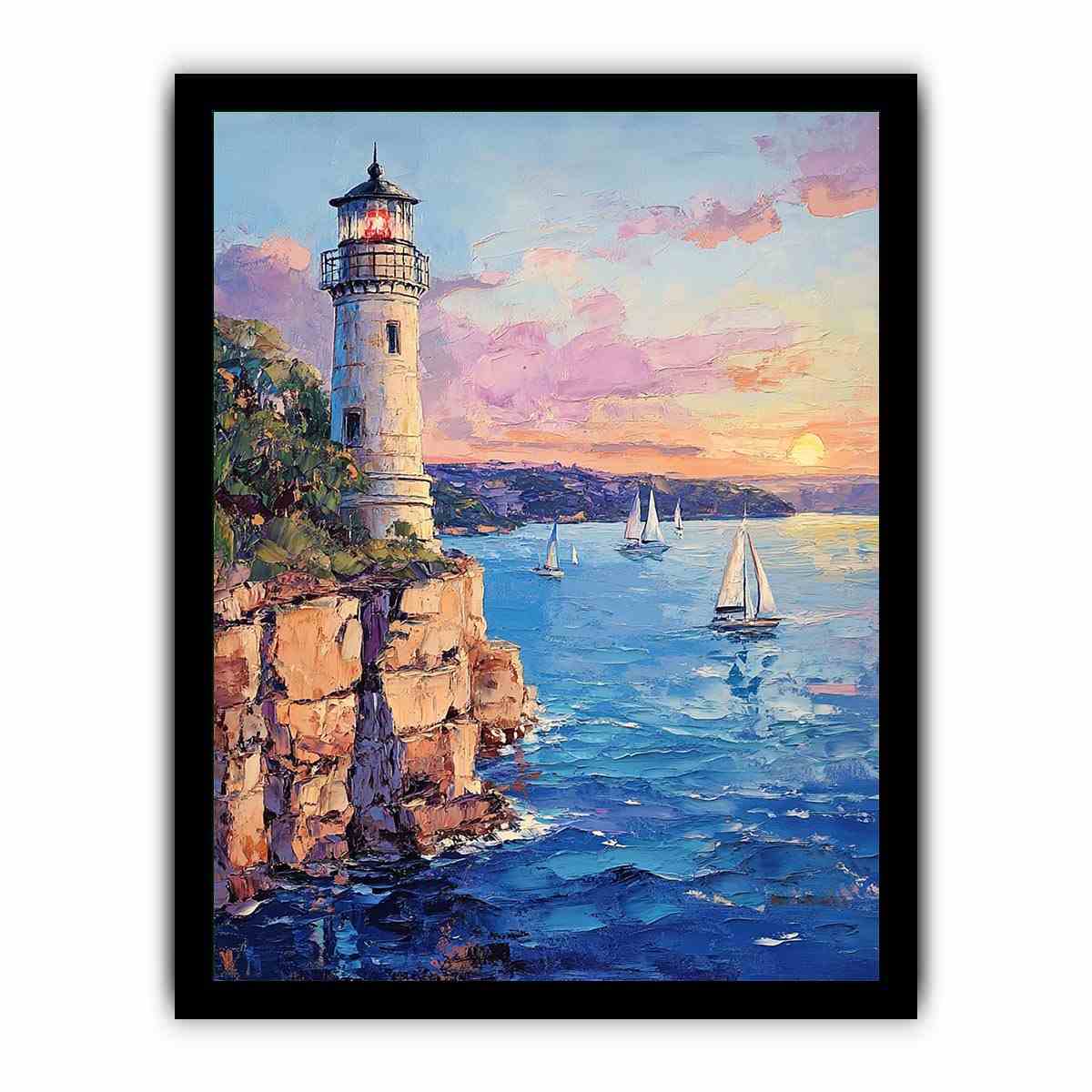 Pastel lighthouse harbor canvas art with sailboats for coastal living room decor.