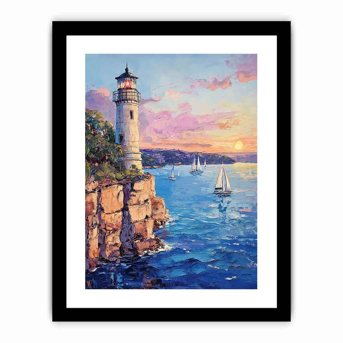 Pastel lighthouse harbor canvas art with sailboats for coastal living room decor.