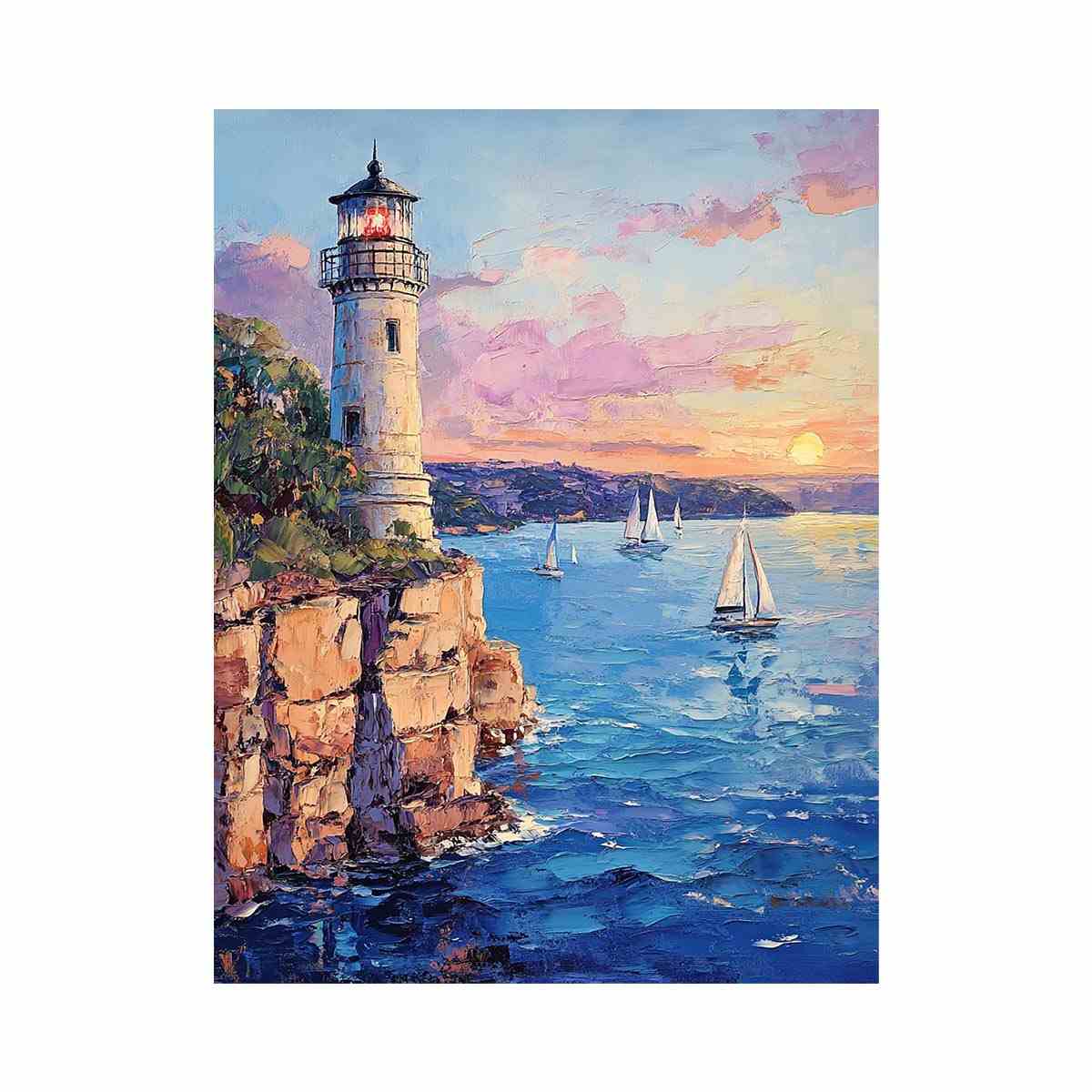 Pastel lighthouse harbor canvas art with sailboats for coastal living room decor.