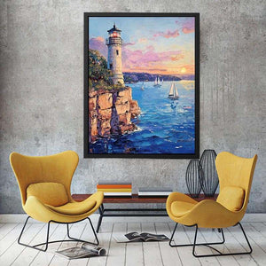 Pastel lighthouse harbor canvas art with sailboats for coastal living room decor.