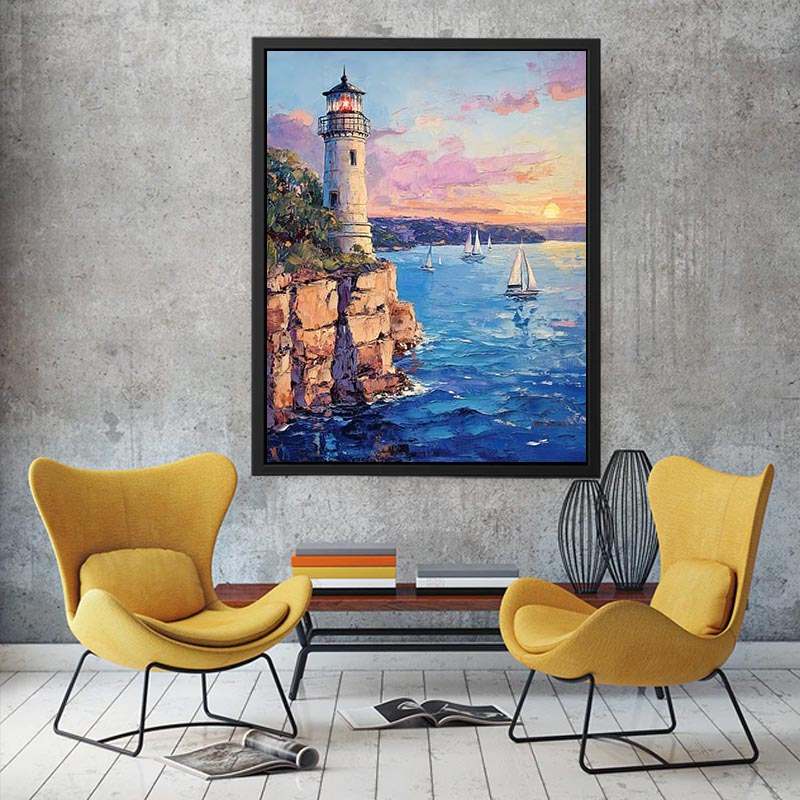 Pastel lighthouse harbor canvas art with sailboats for coastal living room decor.