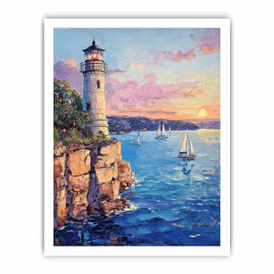 Pastel lighthouse harbor canvas art with sailboats for coastal living room decor.