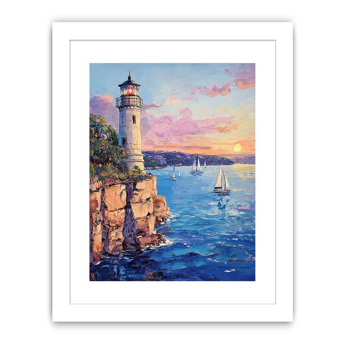 Pastel lighthouse harbor canvas art with sailboats for coastal living room decor.