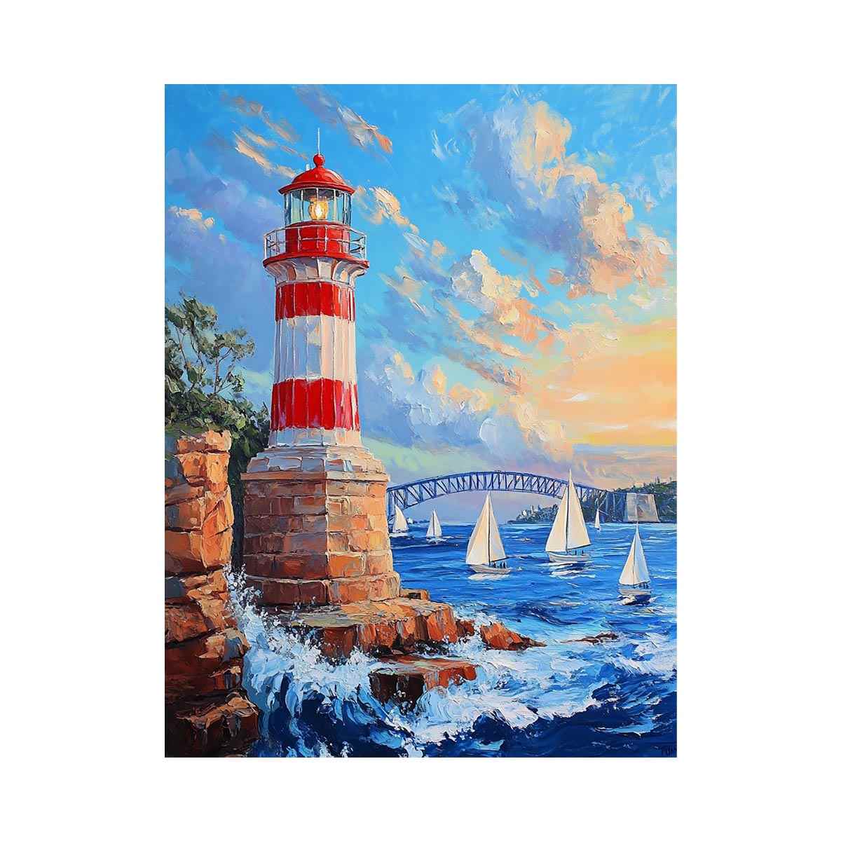 Red lighthouse harbor canvas print with sailboats for coastal home decor.
