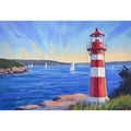 red lighthouse canvas art with sailboats for beach house decor.