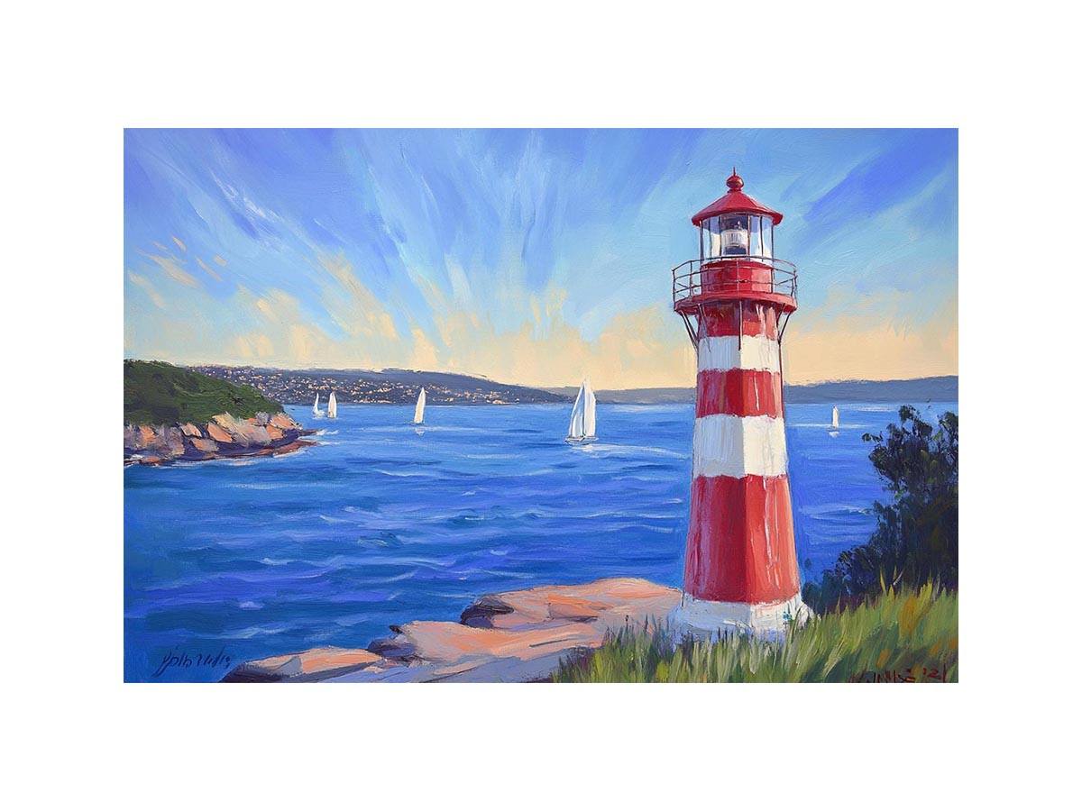 red lighthouse canvas art with sailboats for beach house decor.