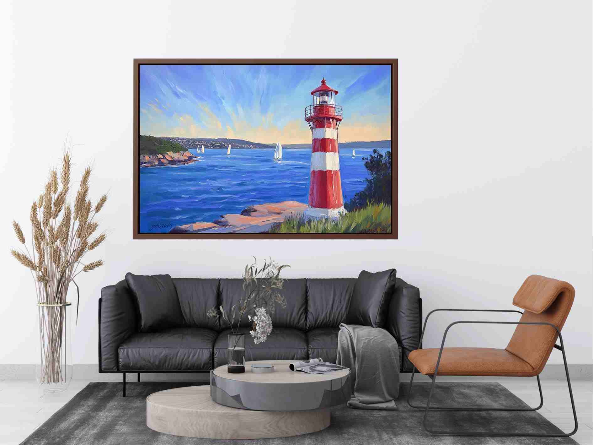 red lighthouse canvas art with sailboats for beach house decor.