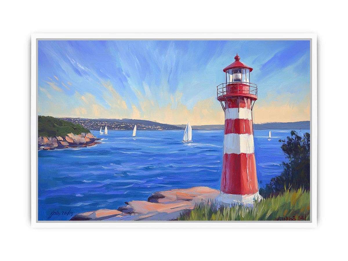 red lighthouse canvas art with sailboats for beach house decor.