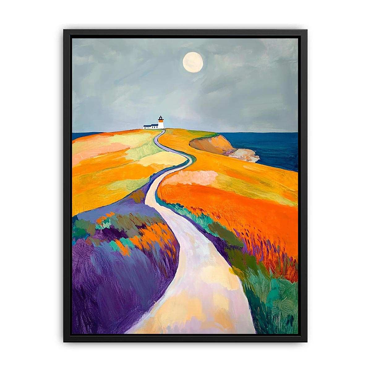 Colorful coastal lighthouse path canvas art for modern bedroom decor.