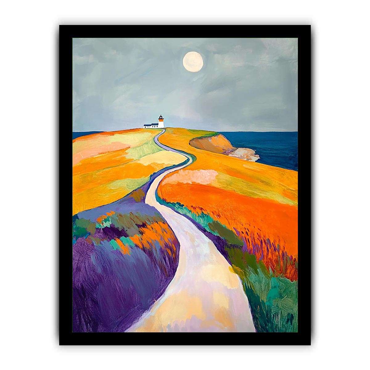 Colorful coastal lighthouse path canvas art for modern bedroom decor.