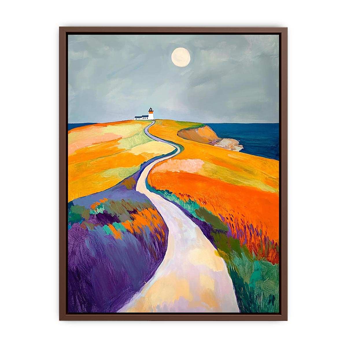 Colorful coastal lighthouse path canvas art for modern bedroom decor.