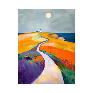 Colorful coastal lighthouse path canvas art for modern bedroom decor.