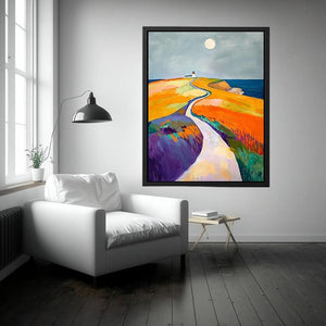 Colorful coastal lighthouse path canvas art for modern bedroom decor.