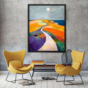 Colorful coastal lighthouse path canvas art for modern bedroom decor.