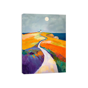 Colorful coastal lighthouse path canvas art for modern bedroom decor.