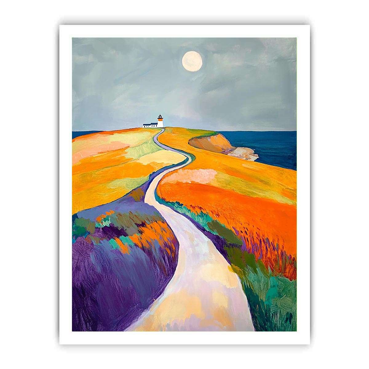 Colorful coastal lighthouse path canvas art for modern bedroom decor.