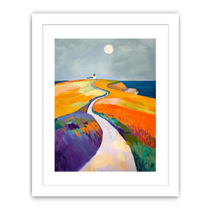 Colorful coastal lighthouse path canvas art for modern bedroom decor.