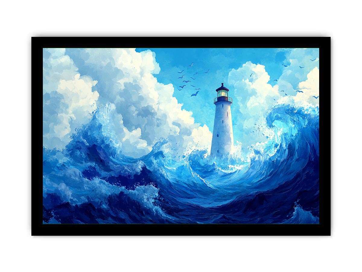 Blue lighthouse wave canvas print for calm coastal bedroom decor.
