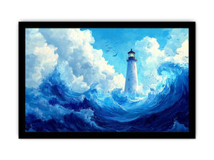 Blue lighthouse wave canvas print for calm coastal bedroom decor.